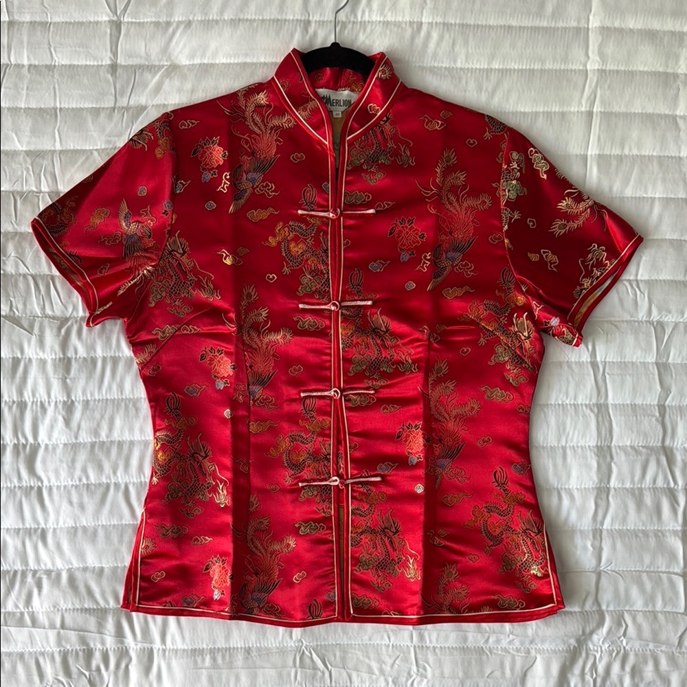 Vintage 90s Red Satin Chinese Style Top Dragon Blouse - Size 40
